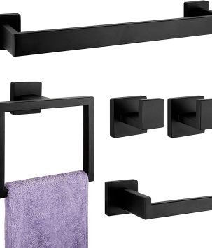 5-Pieces Matte Black Bathroom Hardware Accessories Set, SUS304 Stainless Steel Bath Towel Bar Set, Towel Racks for Bathroom Wall Mounted.