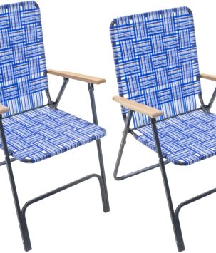 Garden Elements Folding Patio & Lawn Chairs – Steel Frame with Blue Woven Fabric and Wooden Armrests, Comfortable Full-Size Outdoor Chairs for Backyard, Camping, or Events (Pack of 2)
