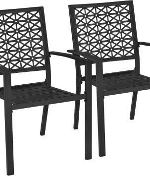 Yaheetech Outdoor Patio Dining Chairs Set of 2 with Armrests and Metal Frame, Heavy-Duty Metal Black Outdoor Chairs Stackable for Garden, Lawn and Yard